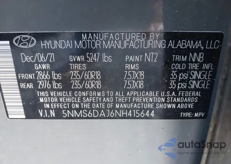 2022 Hyundai Santa Fe Sel z USA, uszkodzony, nr VIN 5NMS6DAJ6NH415644